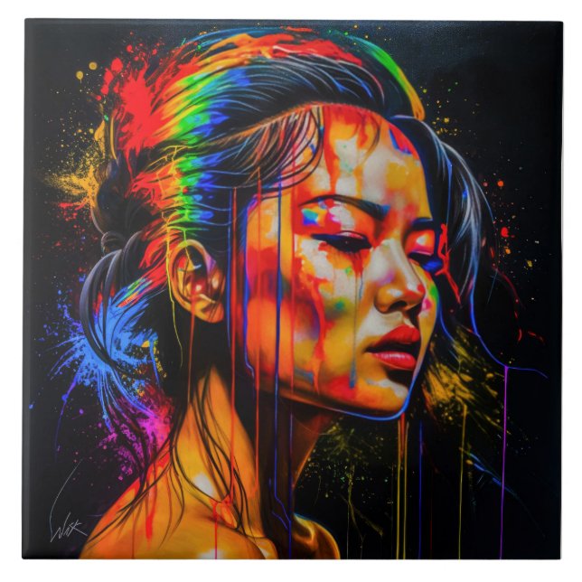 Carreau Portrait Neon Vibrant - Art Expressionniste Abstra (Devant)