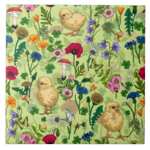 Carreau Poulets et fleurs sauvages sur le vert de rosée mi