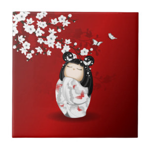 Carreau Poupée Kokeshi Rouge Noir Blanc Cerisier Fleurs