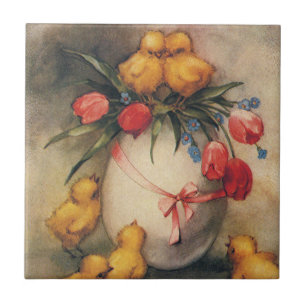 Carreau Poussins de Pâques vintage, Œuf avec fleurs de tul