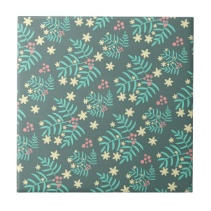 Carreau Pretty Botanical Leaves and Berries Blue Pattern