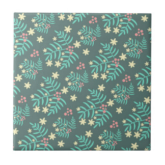 Carreau Pretty Botanical Leaves and Berries Blue Pattern