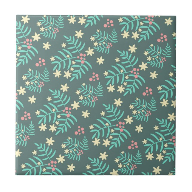 Carreau Pretty Botanical Leaves and Berries Blue Pattern (Devant)