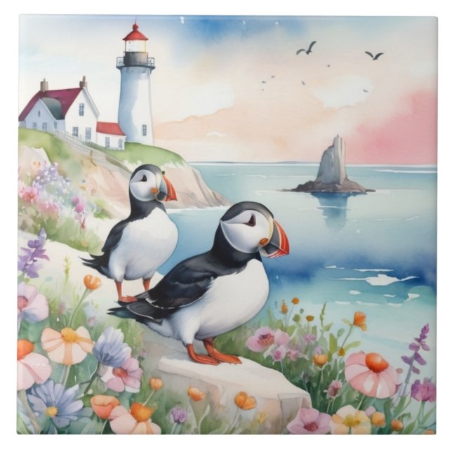 Carreau Puffins by the Sea - Ocean Flowers & Lighthouse (Devant)