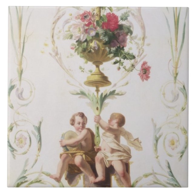 Carreau Putti parmi des butins des fleurs et du feuille (Devant)