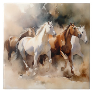 Carreau “Quatre Mustangs au Galop” Aquarelle poussiéreuse