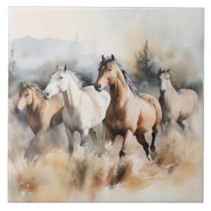 Carreau « Quatre mustangs sauvages » Aquarelle poussiéreus