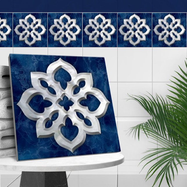 Carreau Quatrefoil marocain Marbre bleu et perle (Créateur téléchargé)