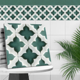 Carreau Quatrefoil marocain Vert et Marbre blanc