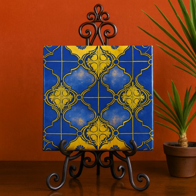 Carreau Quatrefoils Motifs marocains Bleu et or (Moroccan pattern blue and gold decorative ceramic tile for bathroom kitchen patio)