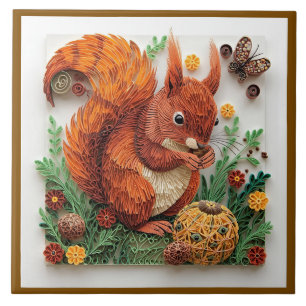 Carreau Quilling Cottage Core Écureuil roux en Automne