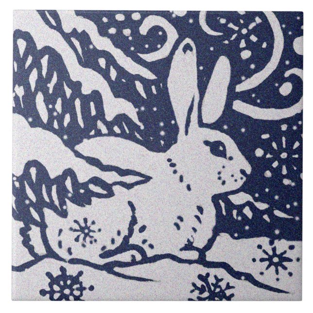 Carreau Rabbit Bleu Gris Granit Pierre Bois Animal Art (Devant)