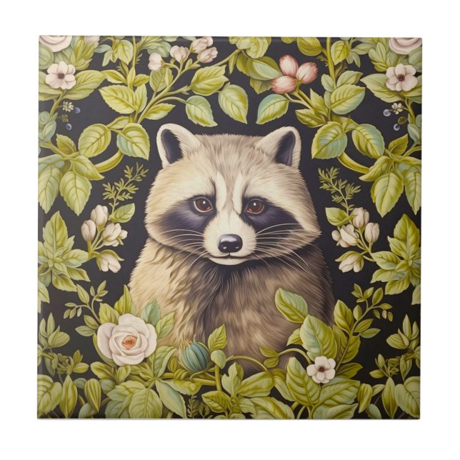 Carreau Raccoon et feuilles verts inspirés de William Morr (Devant)
