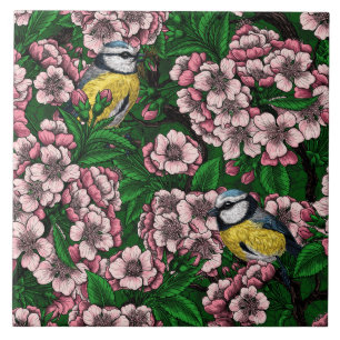 Carreau Rameaux bleus dans le cerisier en fleurs en vert