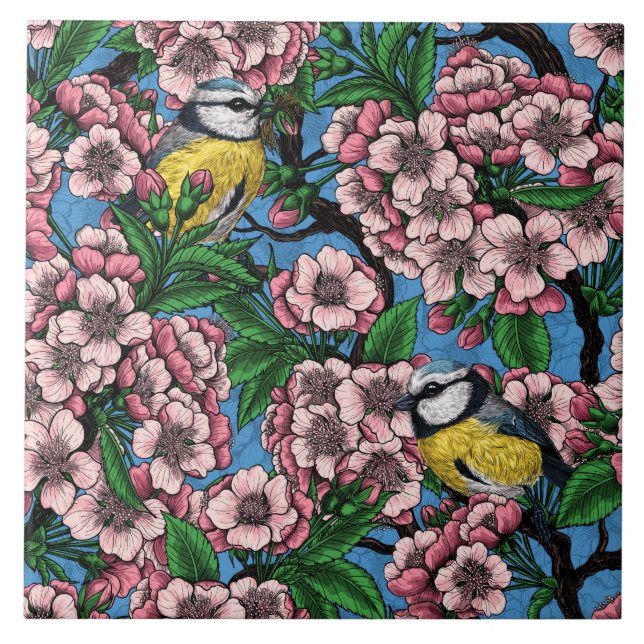 Carreau Rameaux bleus dans le cerisier en fleurs sur le bl (Devant)