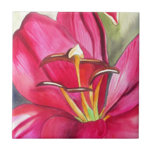 Carreau Red Alert Lily aquarelle peinture de fleur