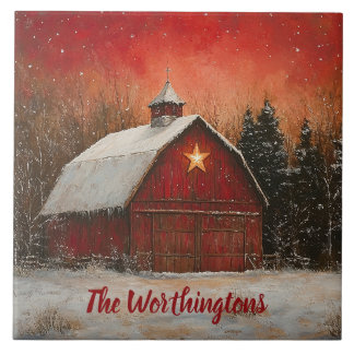 Carreau Red Barn & Snow Orange Winter Sunset Farmhouse 