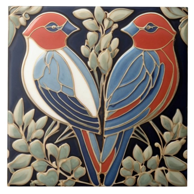 Carreau Red Blue Bird Couple - Art Nouveau Art Déco Birds (Devant)