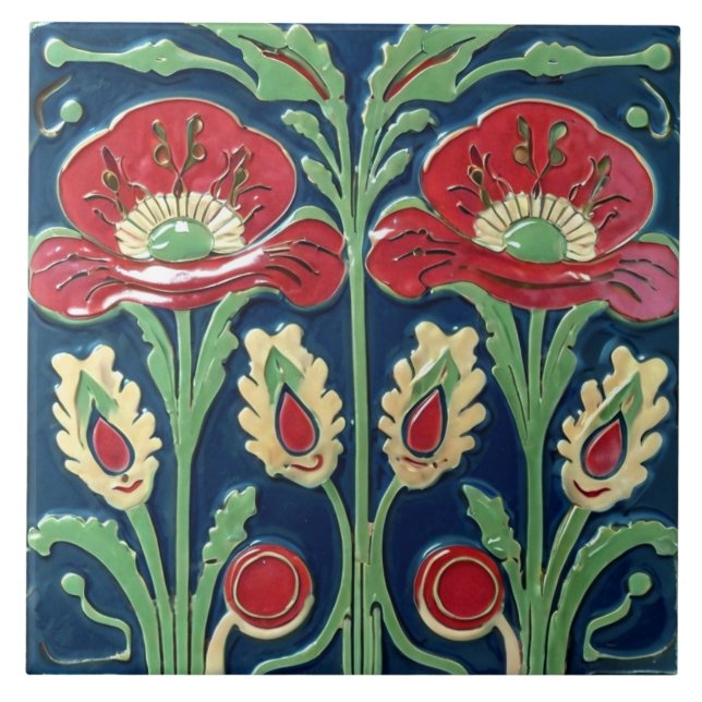 Carreau Red Poppies Pavot Fleur européenne Folk Art (Devant)