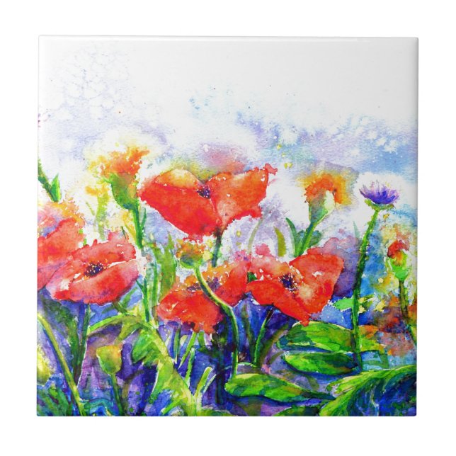 Carreau Red Poppy Fields -aquarelle peinture florale (Devant)