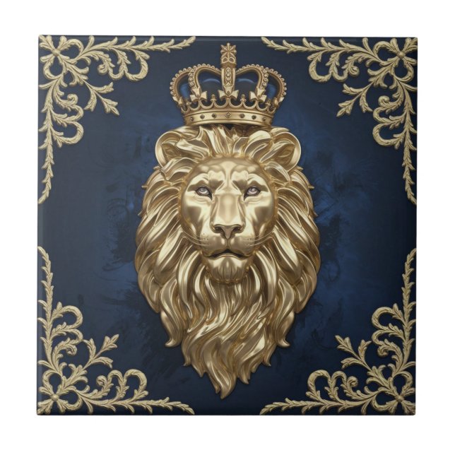 Carreau Regal Lion Design - Marine Blue & Gold Luxury Deco (Devant)