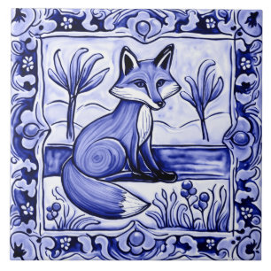 Carreau Renard bleu et blanc Méditerranéen Art animal folk