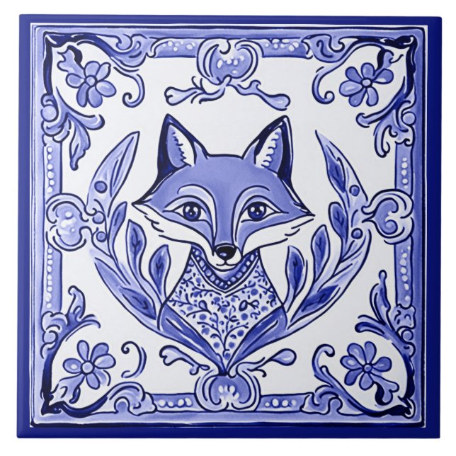 Carreau Renard Bleu et Blanc Style asiatique Folk Art anim (Devant)