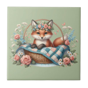 Carreau Renard floral en panier avec courtepointe et fleur
