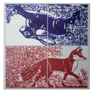 Carreau Renard, Lapin Floral Marine Bleu Rouge Dessin en c