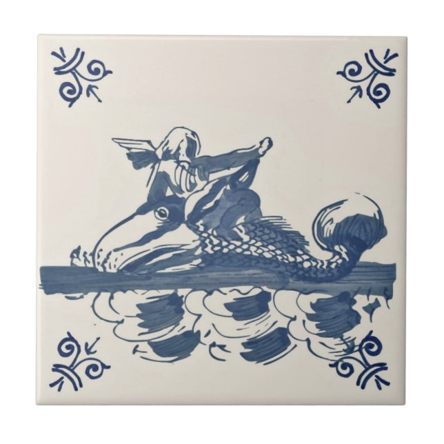 Carreau Repro Antique Blue Delft Tile Angel Poisson Océan (Devant)
