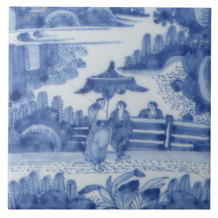 Carreau Repro Delft Tile Chinoiserie Découpage Bleu Blanc