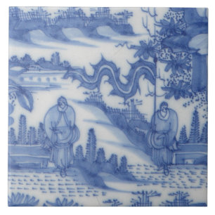 Carreau Repro Delft Tile Chinoiserie Découpage Bleu Blanc