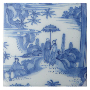 Carreau Repro Delft Tile Chinoiserie Découpage Bleu Blanc