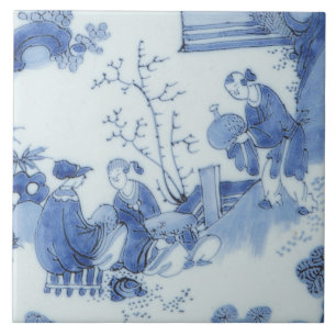 Carreau Repro Delft Tile Chinoiserie Découpage Bleu Blanc