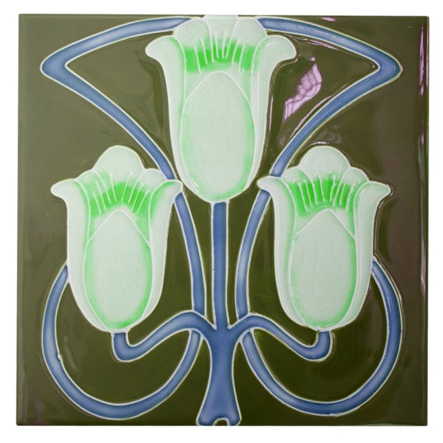 Carreau Repro Edwardian Art Nouveau Green Tulip Floral (Devant)