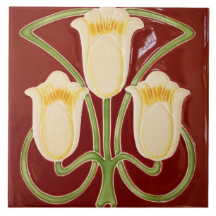 Carreau Repro Edwardian Art Nouveau Red Tulip Floral Tile