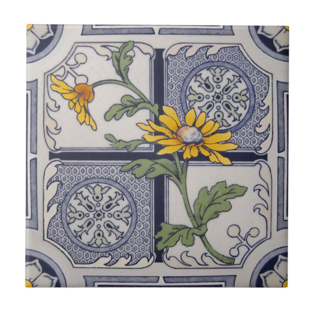 Carreau Repro floral jaune bleu bleu bleu fin victorien  (Devant)