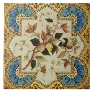Carreau Repro Late Victorian Transware Blue Gold Fruits