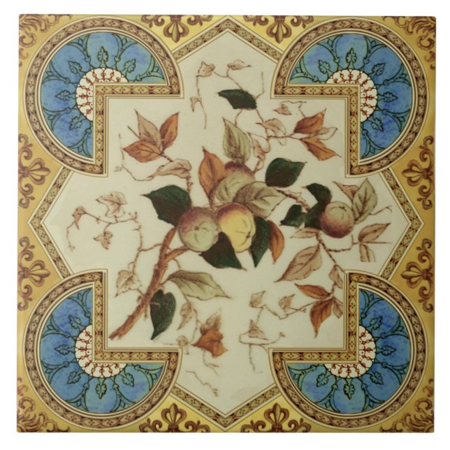 Carreau Repro Late Victorian Transware Blue Gold Fruits (Devant)