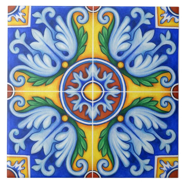 Carreau Repro Portugais bleu géométrique Azulejos Floral (Devant)
