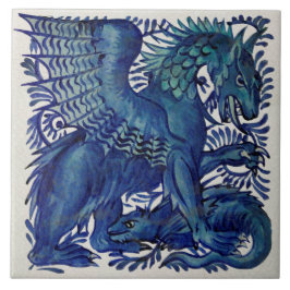 Carreau Repro Wm De Morgan Bleue Mère Enfant Dragons