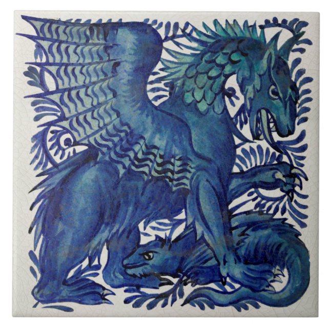 Carreau Repro Wm De Morgan Bleue Mère Enfant Dragons (Devant)