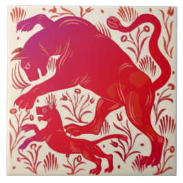 Carreau Repro Wm De Morgan Ruby Luster Cats (Panthers?) HP