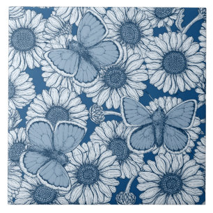 Carreau Ressort bleu, fleurs sauvages, marguerites