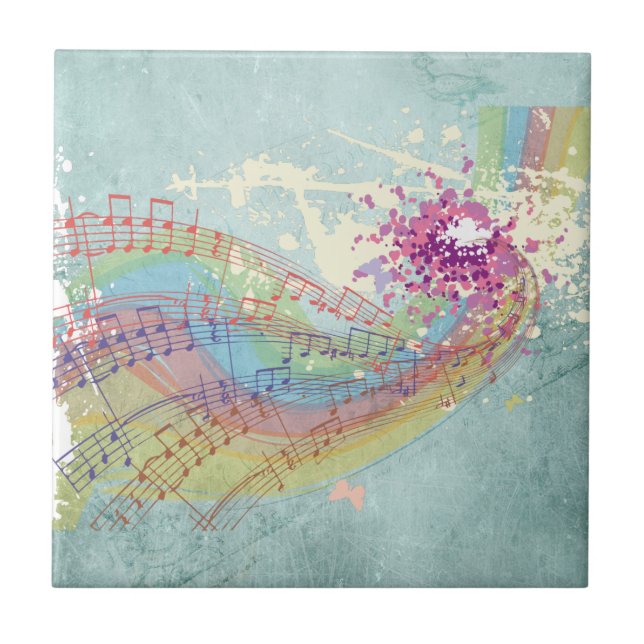 Carreau Retro Arc en ciel et notes musicales sur une textu (Devant)