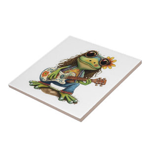 Carreau Retro Funny Hippie Frog Porter du verre Jouer Pian