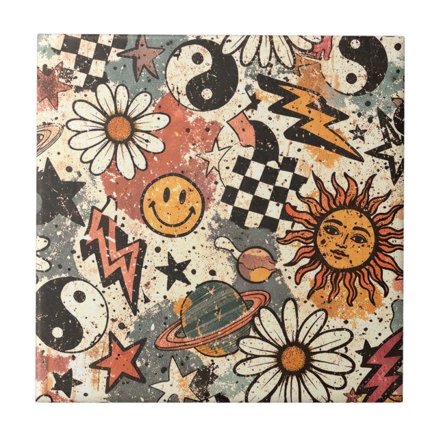 Carreau Retro Groovy Smiley Sun Daisy Psychedelic Pattern (Devant)