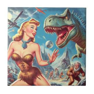 Carreau Retro Pin Up et Dinosaur