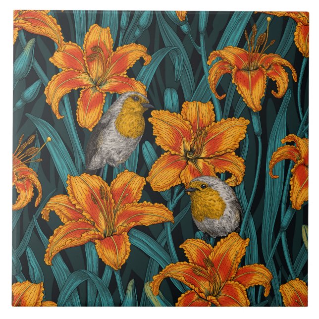 Carreau Robins et fleurs de lys, orange et bleu (Devant)