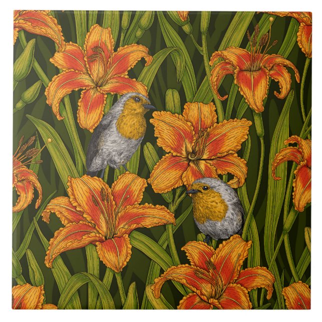 Carreau Robins et fleurs de lys, orange et vert foncé (Devant)